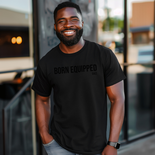 UNISEX SHORT SLEEVE MIDNIGHT HOUR TEE "BORN EQUIPPED"- BLACK/BLACK