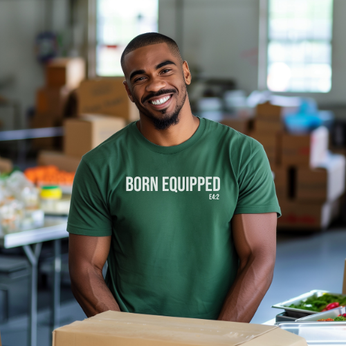 UNISEX SHORT SLEEVE TEE "BORN EQUIPPED"- FOREST/WHITE