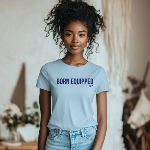 UNISEX SHORT SLEEVE "BORN EQUIPPED" TEE- BABY BLUE/NAVY