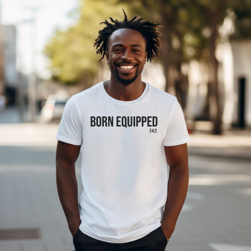 UNISEX SHORT SLEEVE "BORN EQUIPPED" TEE- WHITE/BLACK