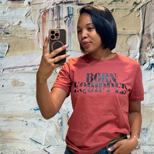 UNISEX SHORT SLEEVE "BORN EQUIPPED EXODUS 4:2" TEE- RUST/BLACK